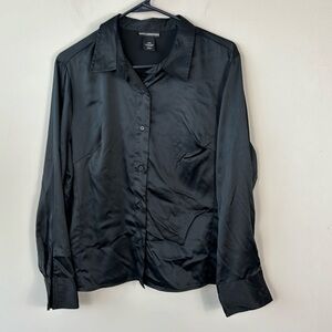 Petite Sophisticate Black satin button down long sleeve shirt women size 14 P